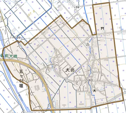 大坊とその周辺の地図。町の範囲を重ねている