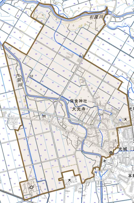 大光寺とその周辺の地図。町の範囲を重ねている