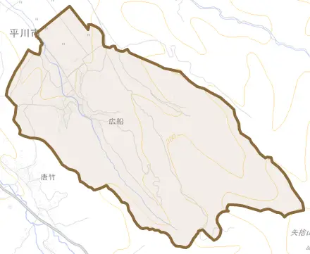 広船とその周辺の地図。町の範囲を重ねている
