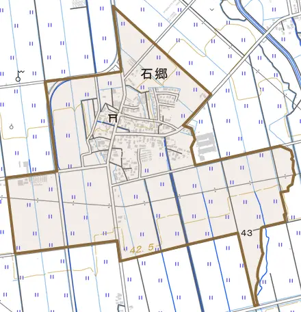 石郷とその周辺の地図。町の範囲を重ねている