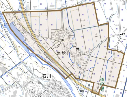 岩館とその周辺の地図。町の範囲を重ねている