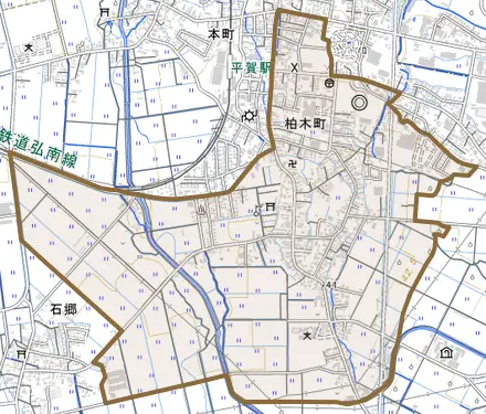 柏木町とその周辺の地図。町の範囲を重ねている