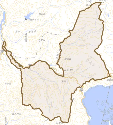 切明とその周辺の地図。町の範囲を重ねている