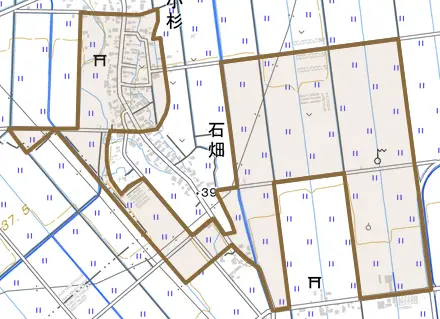 小杉とその周辺の地図。町の範囲を重ねている