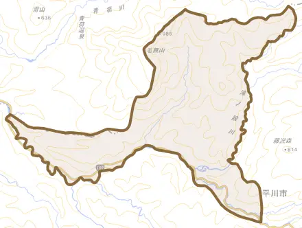 葛川とその周辺の地図。町の範囲を重ねている