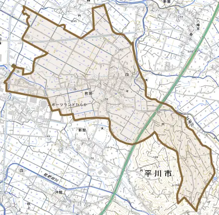 町居とその周辺の地図。町の範囲を重ねている