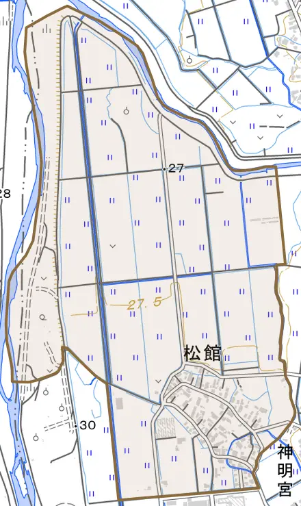 松館とその周辺の地図。町の範囲を重ねている