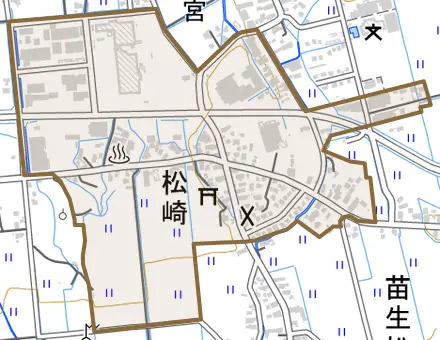 松崎とその周辺の地図。町の範囲を重ねている