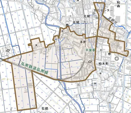 本町とその周辺の地図。町の範囲を重ねている