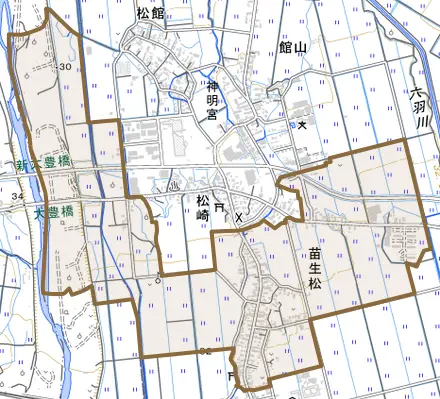 苗生松とその周辺の地図。町の範囲を重ねている