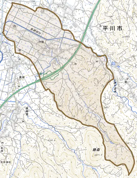 沖館とその周辺の地図。町の範囲を重ねている