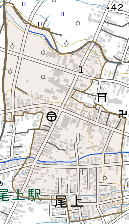 尾上とその周辺の地図。町の範囲を重ねている