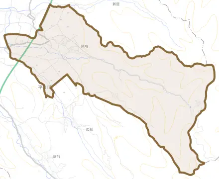 尾崎とその周辺の地図。町の範囲を重ねている