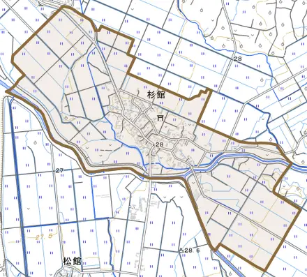杉館とその周辺の地図。町の範囲を重ねている