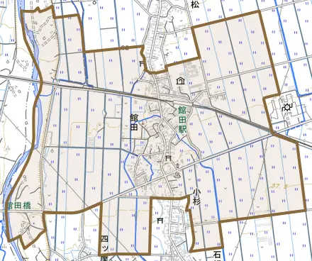 館田とその周辺の地図。町の範囲を重ねている