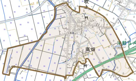 高畑とその周辺の地図。町の範囲を重ねている