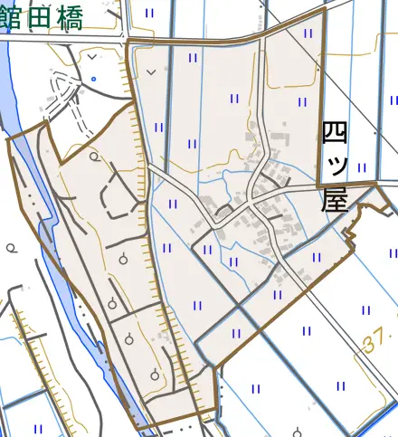 四ツ屋とその周辺の地図。町の範囲を重ねている