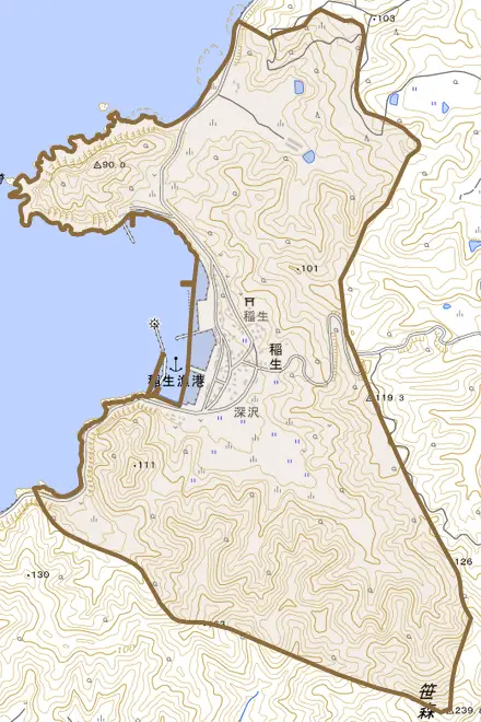 大字稲生とその周辺の地図。町の範囲を重ねている