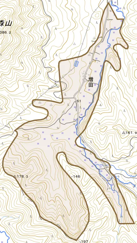 大字増田とその周辺の地図。町の範囲を重ねている