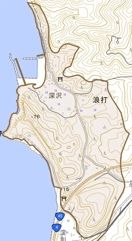 大字浪打とその周辺の地図。町の範囲を重ねている