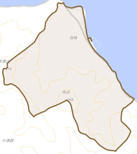 大字白砂とその周辺の地図。町の範囲を重ねている