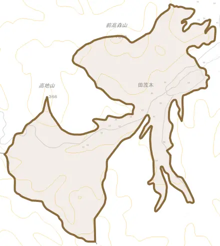大字田茂木とその周辺の地図。町の範囲を重ねている