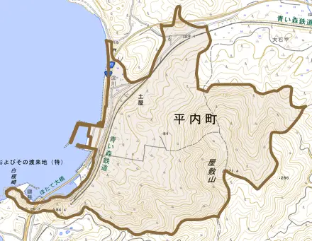 大字土屋とその周辺の地図。町の範囲を重ねている