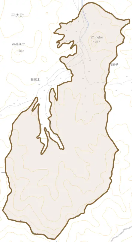 大字内童子とその周辺の地図。町の範囲を重ねている