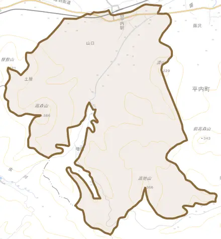 大字山口とその周辺の地図。町の範囲を重ねている