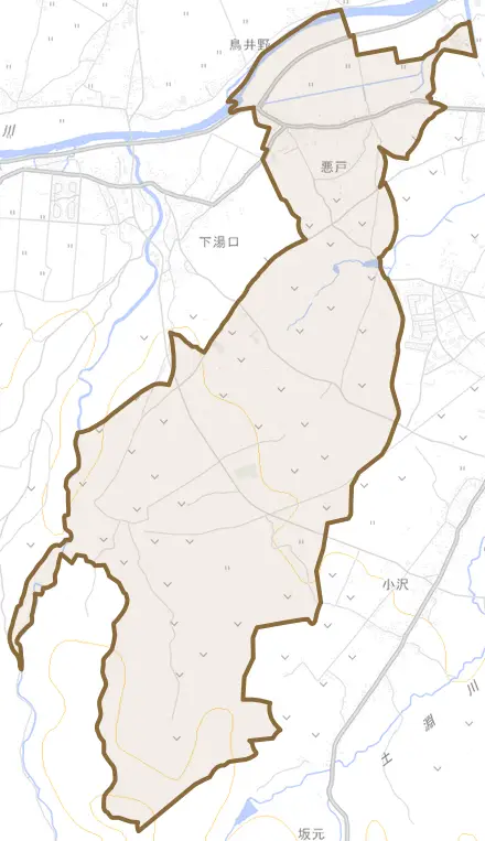 大字悪戸とその周辺の地図。町の範囲を重ねている