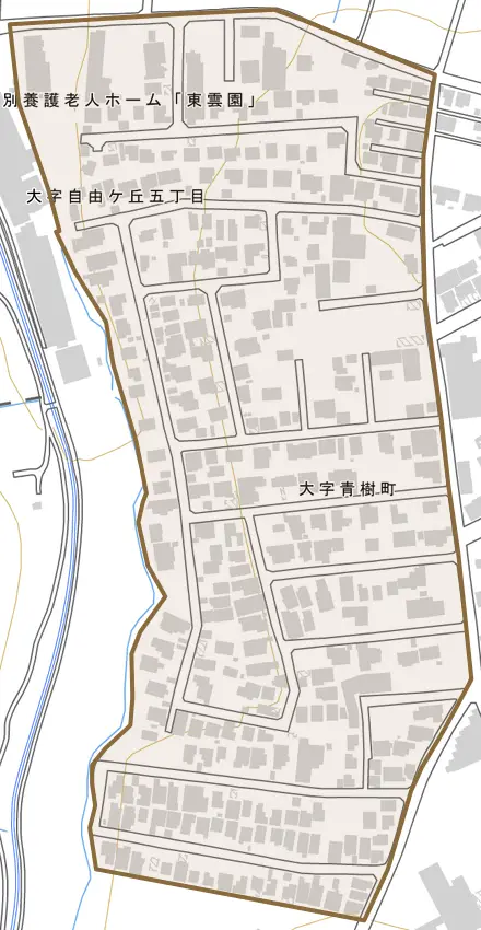 大字青樹町とその周辺の地図。町の範囲を重ねている