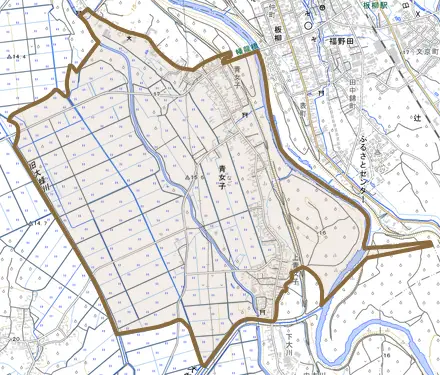 大字青女子とその周辺の地図。町の範囲を重ねている