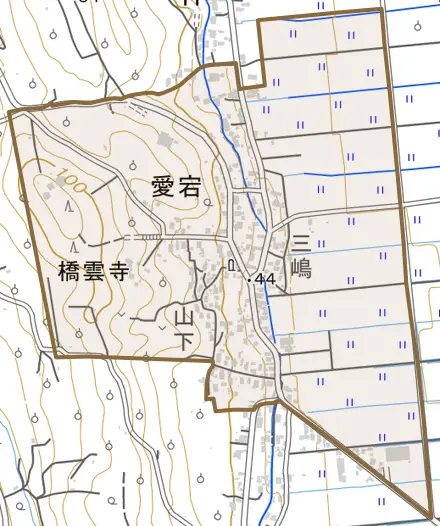 大字愛宕とその周辺の地図。町の範囲を重ねている