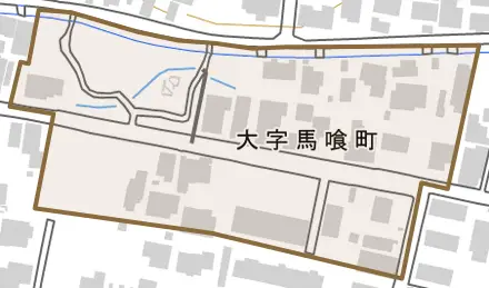 大字馬喰町とその周辺の地図。町の範囲を重ねている
