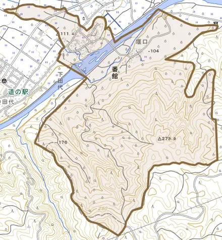 大字番館とその周辺の地図。町の範囲を重ねている