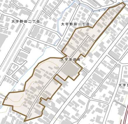 大字茶畑町とその周辺の地図。町の範囲を重ねている