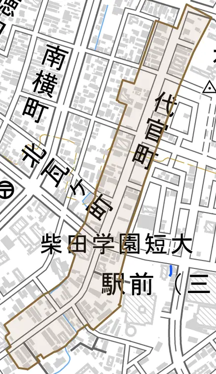 大字代官町とその周辺の地図。町の範囲を重ねている