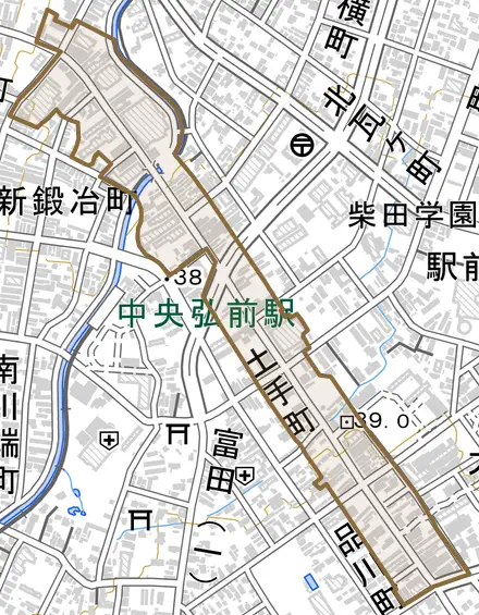 大字土手町とその周辺の地図。町の範囲を重ねている