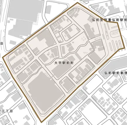 大字駅前町とその周辺の地図。町の範囲を重ねている