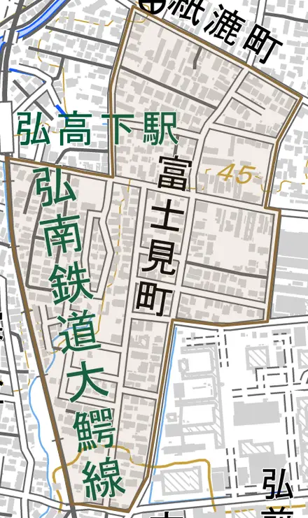 大字富士見町とその周辺の地図。町の範囲を重ねている