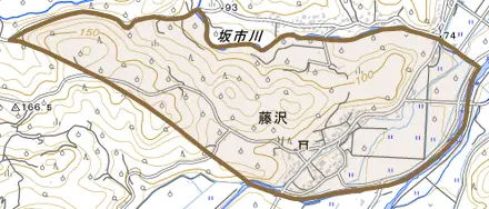 大字藤沢とその周辺の地図。町の範囲を重ねている