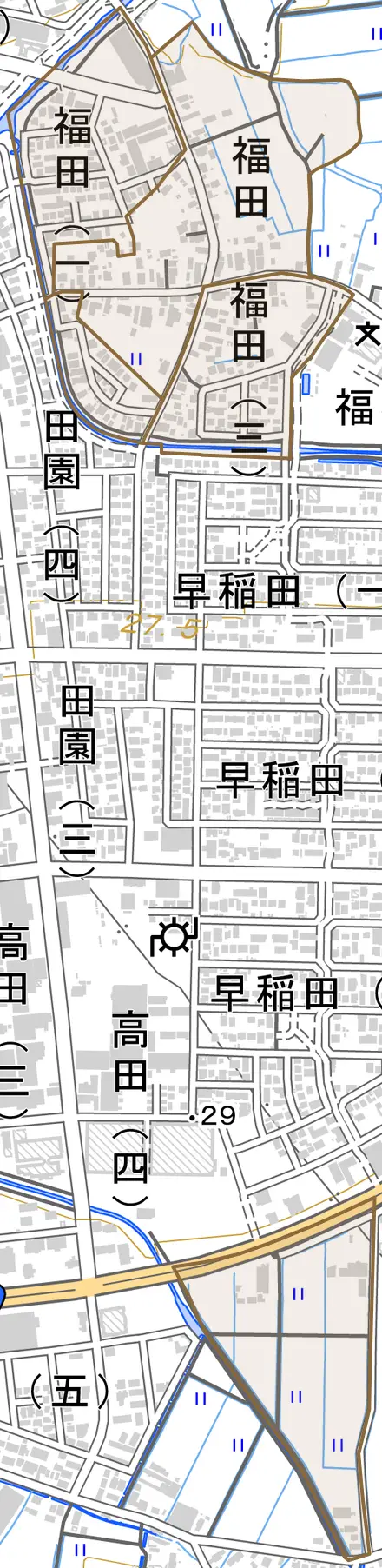 大字福田とその周辺の地図。町の範囲を重ねている