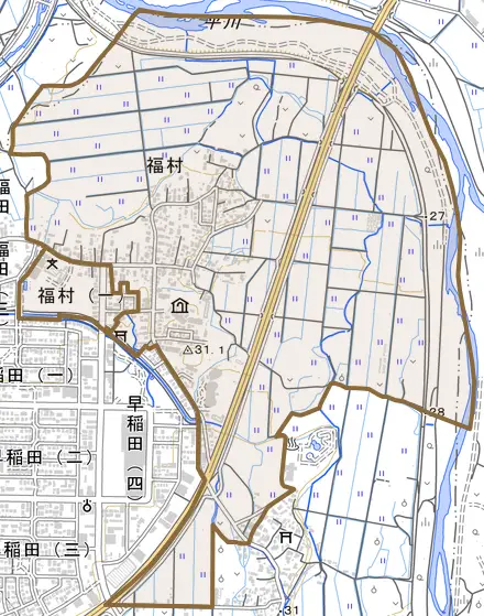 大字福村とその周辺の地図。町の範囲を重ねている
