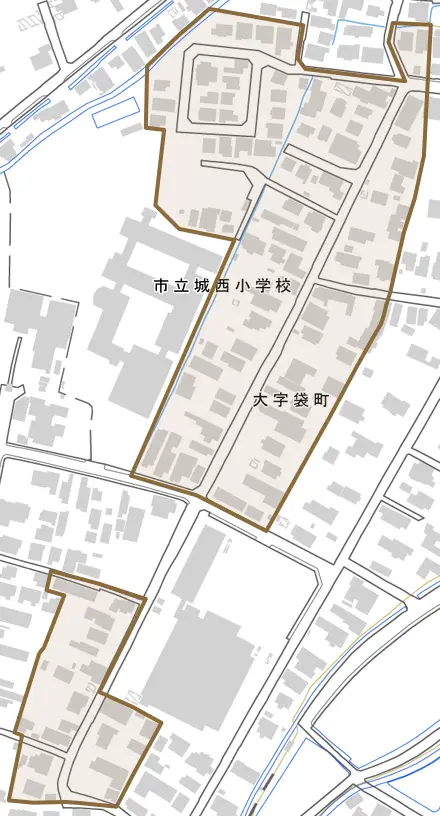 大字袋町とその周辺の地図。町の範囲を重ねている