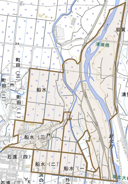 大字船水とその周辺の地図。町の範囲を重ねている