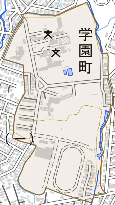 大字学園町とその周辺の地図。町の範囲を重ねている