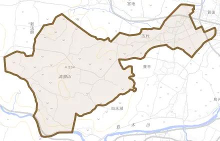 大字五代とその周辺の地図。町の範囲を重ねている