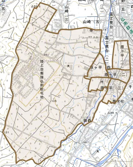 大字原ケ平とその周辺の地図。町の範囲を重ねている