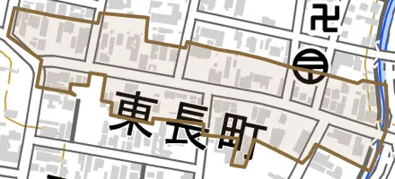 大字東長町とその周辺の地図。町の範囲を重ねている