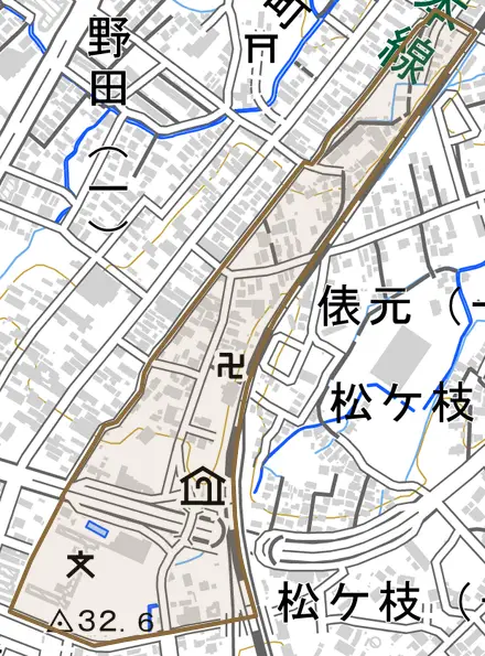 大字東和徳町とその周辺の地図。町の範囲を重ねている